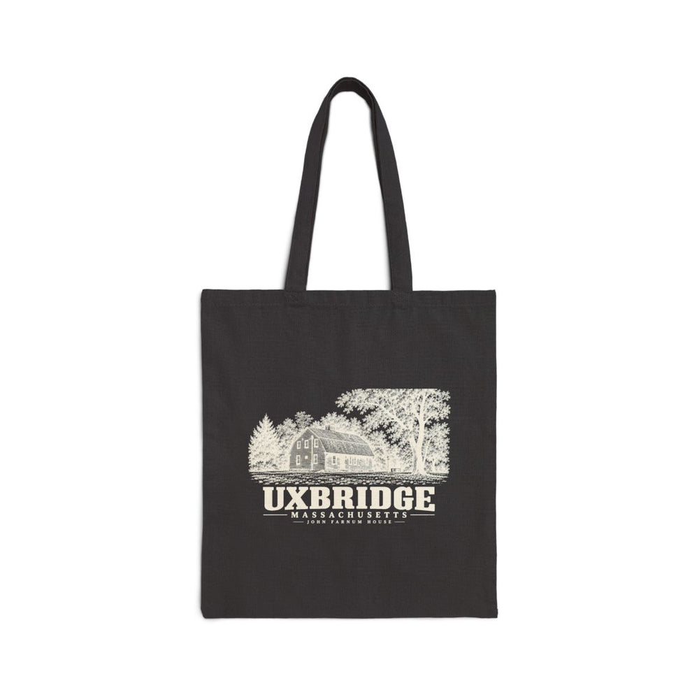 Black canvas tote with Uxbridge John Farnum House artwork, front view