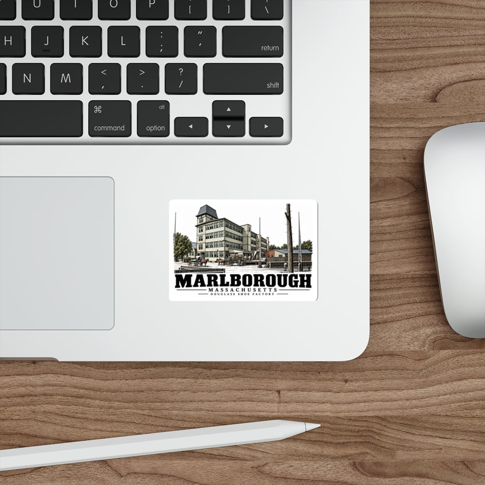 Illustrated Douglass Shoe Factory in Marlborough on die-cut sticker