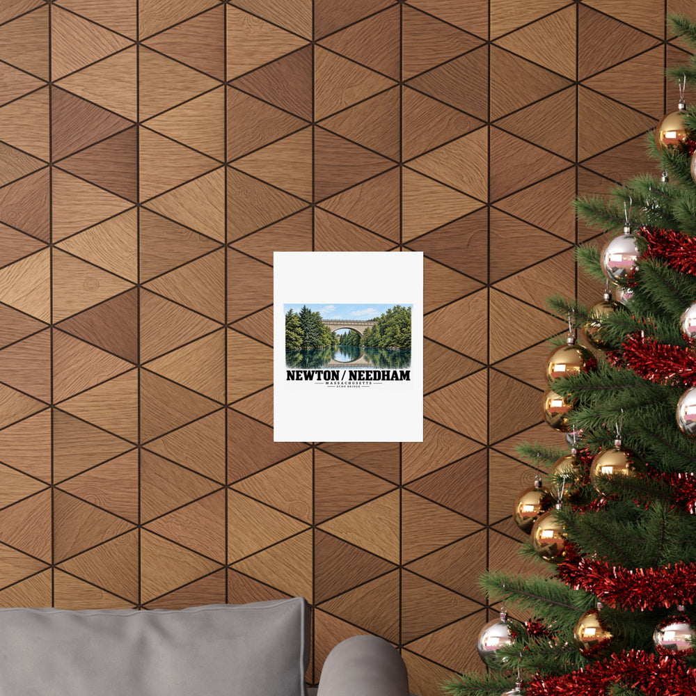 Echo Bridge landscape poster on a wood wall beside a decorated evergreen