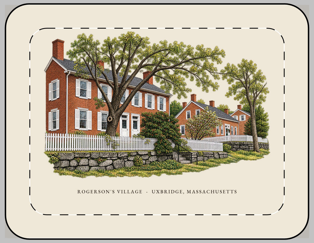 Uxbridge Rogerson's Village 13-inch laptop sleeve mockup showing the full illustrated print