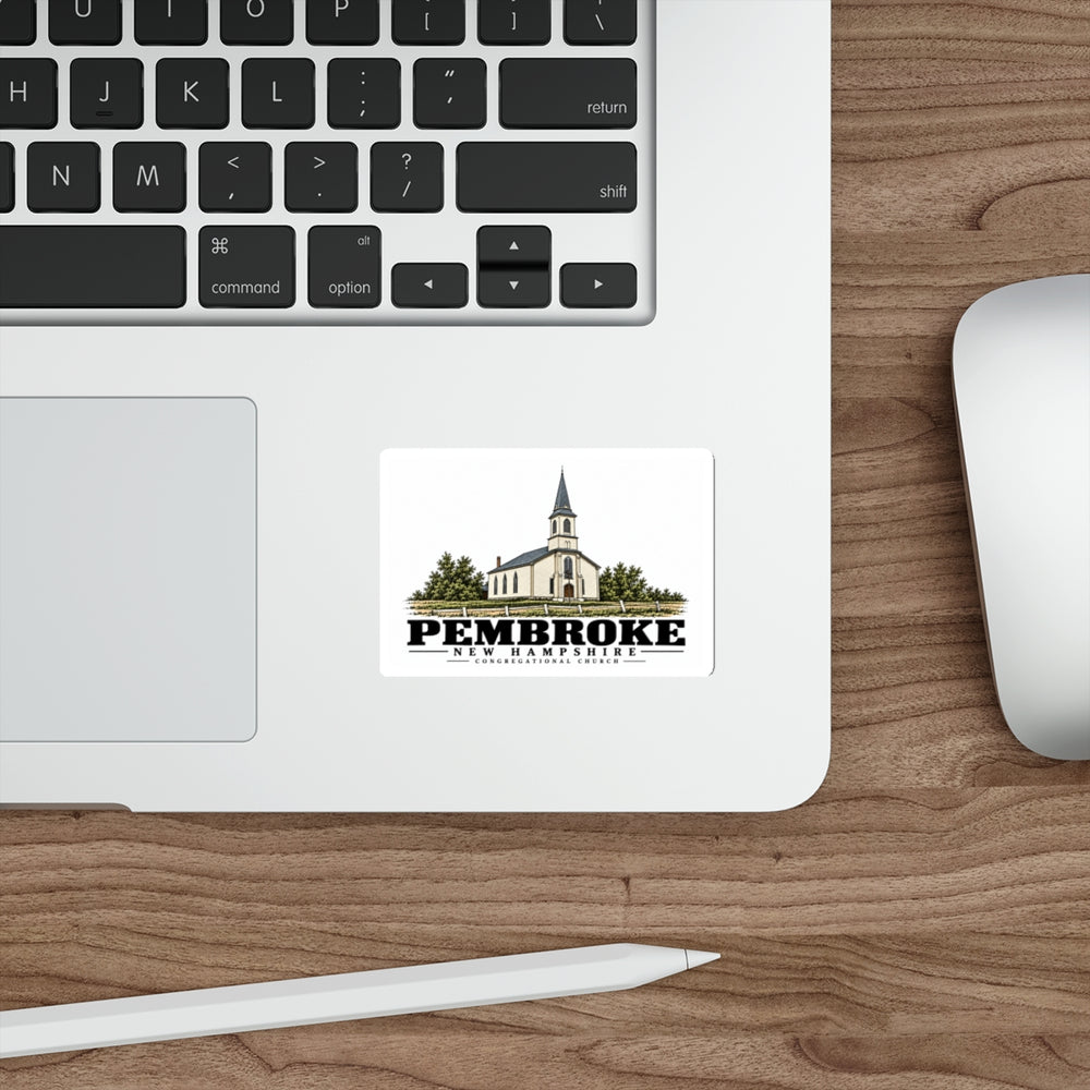 Laptop display of Congregational Church white die-cut sticker, with Pembroke, New Hampshire artwork and lettering.