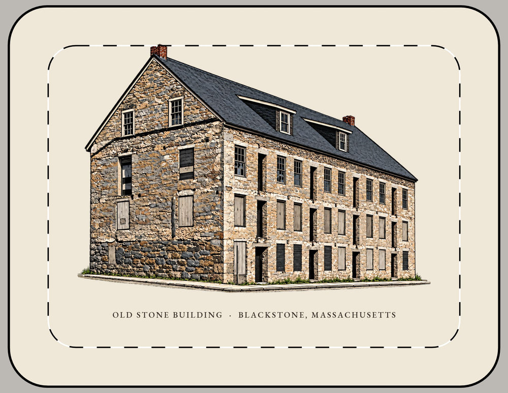 Blackstone Old Stone Building 15-inch laptop sleeve mockup showing the full illustrated print