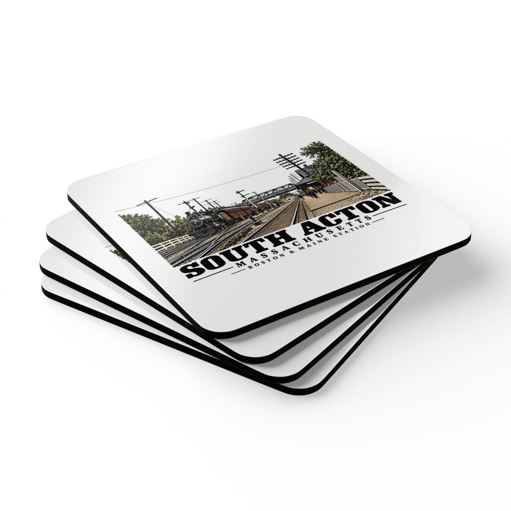 Illustrated Boston & Maine Station in South Acton on corkwood coaster set