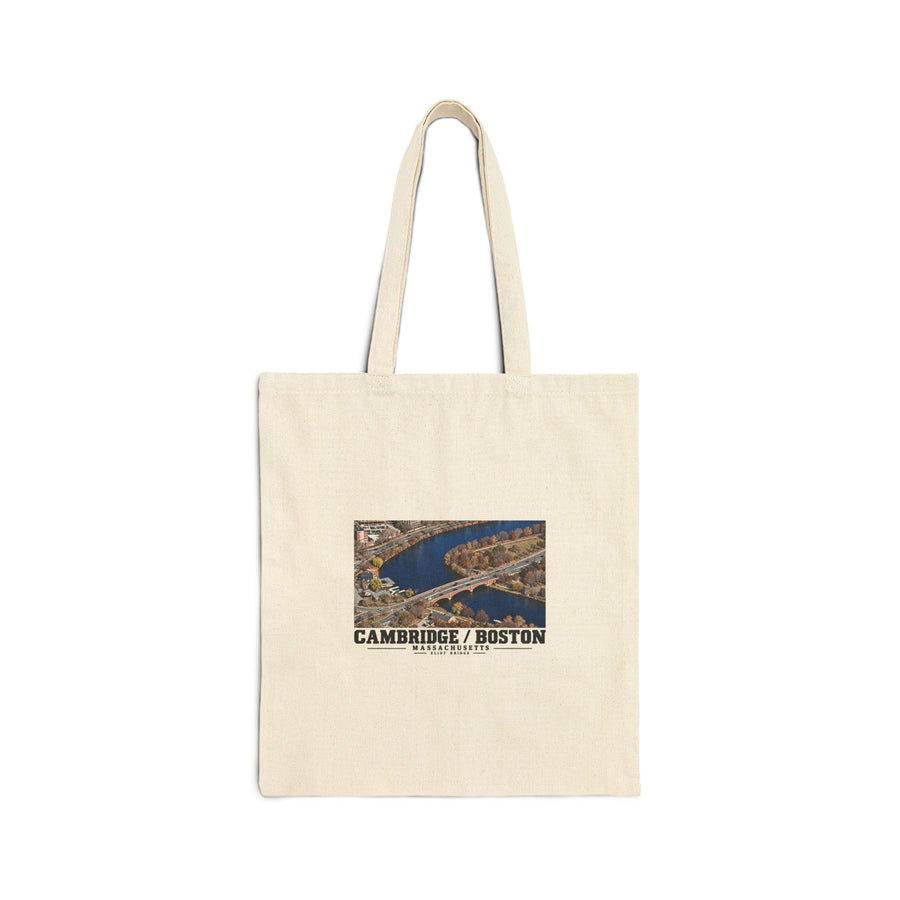 Natural fabric tote with Eliot Bridge aerial river view artwork and Cambridge/Boston lettering