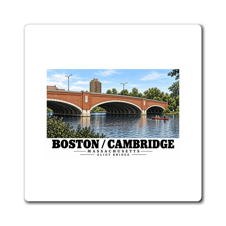 White rectangular magnet showing Eliot Bridge red brick arches and boats artwork and Boston/Cambridge lettering