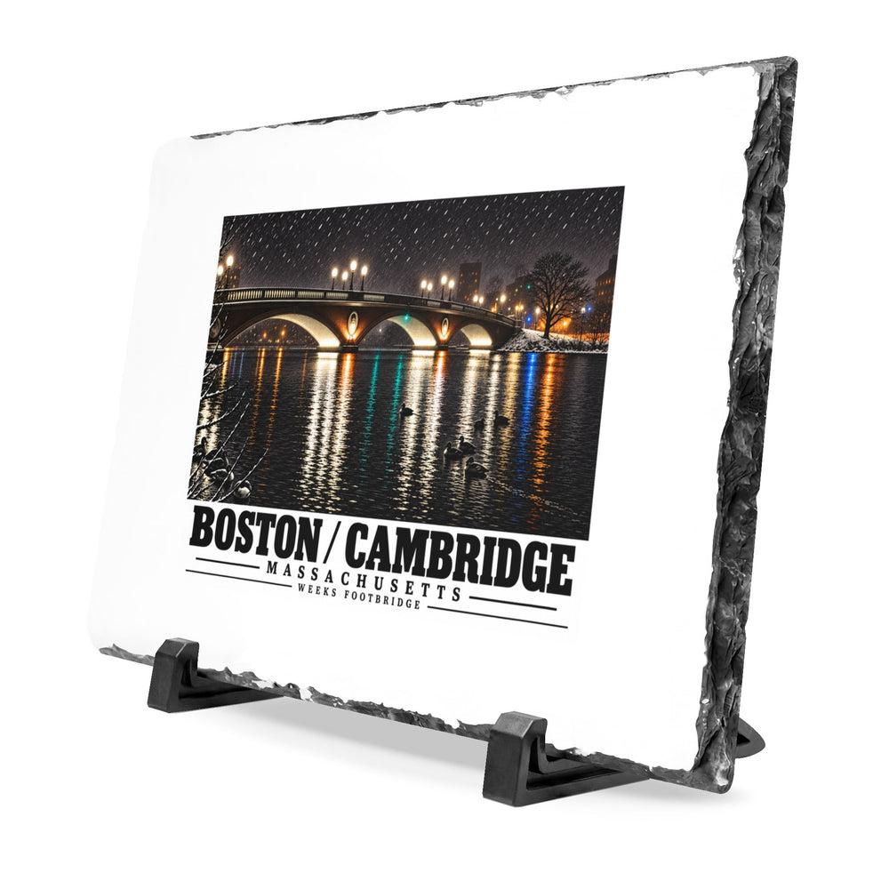 Angled rough-edged slate display on black stands showing Weeks Footbridge illuminated night view with water reflections artwork