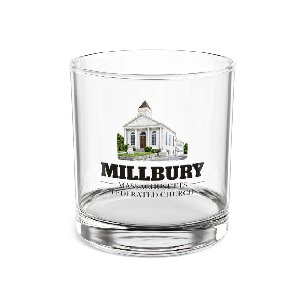 Front view of the Millbury Federated Church / First Presbyterian Meeting House artwork printed on a clear 10 oz rocks glass