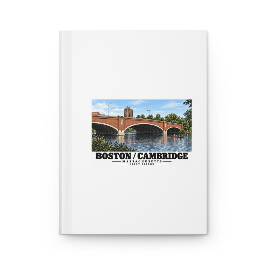 White hardcover journal with Eliot Bridge red brick arches and boats artwork and Boston/Cambridge lettering