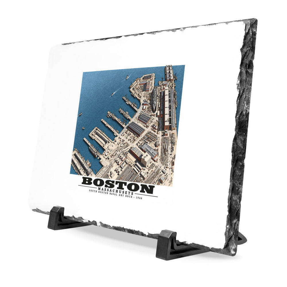 Aerial view of US Naval Dry Dock, South Boston showing development of facilities. HMS QUEEN MARY in Dry Dock #3 7 × 11 in Slate Desk Plaque - Boston Harbor