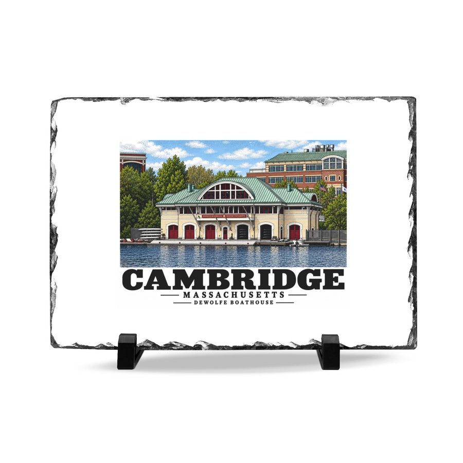 Front view of the Cambridge DeWolfe Boathouse slate desk plaque on two black stands.