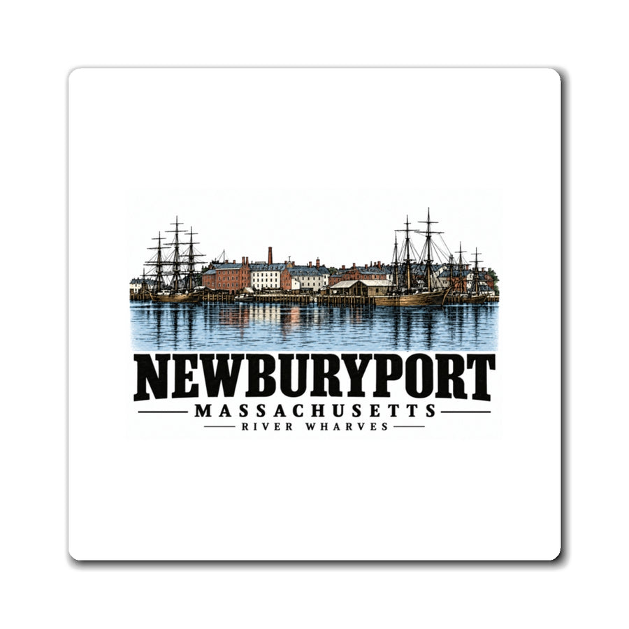 Front of River Wharves square magnet, with Newburyport, Massachusetts artwork and lettering.