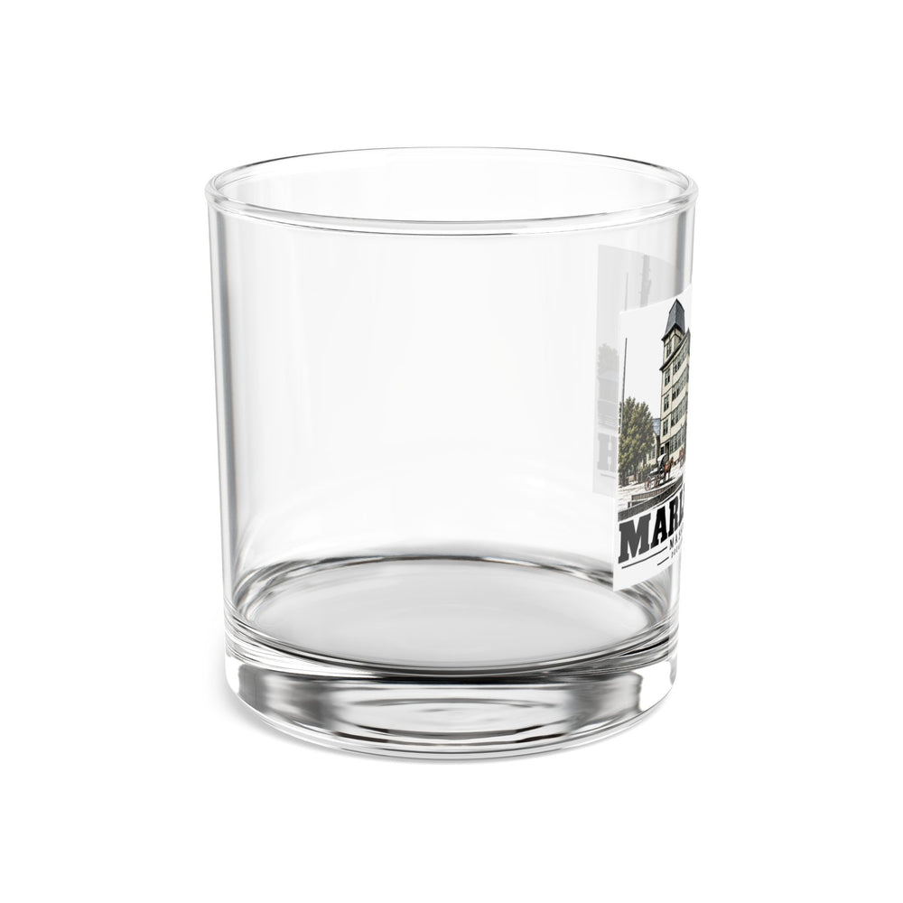 Illustrated Douglass Shoe Factory in Marlborough on rocks glass