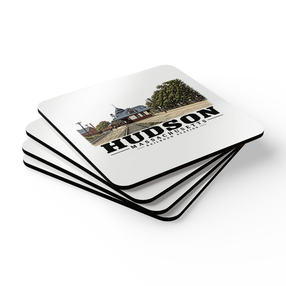 Illustrated Railroad Station in Hudson on corkwood coaster set