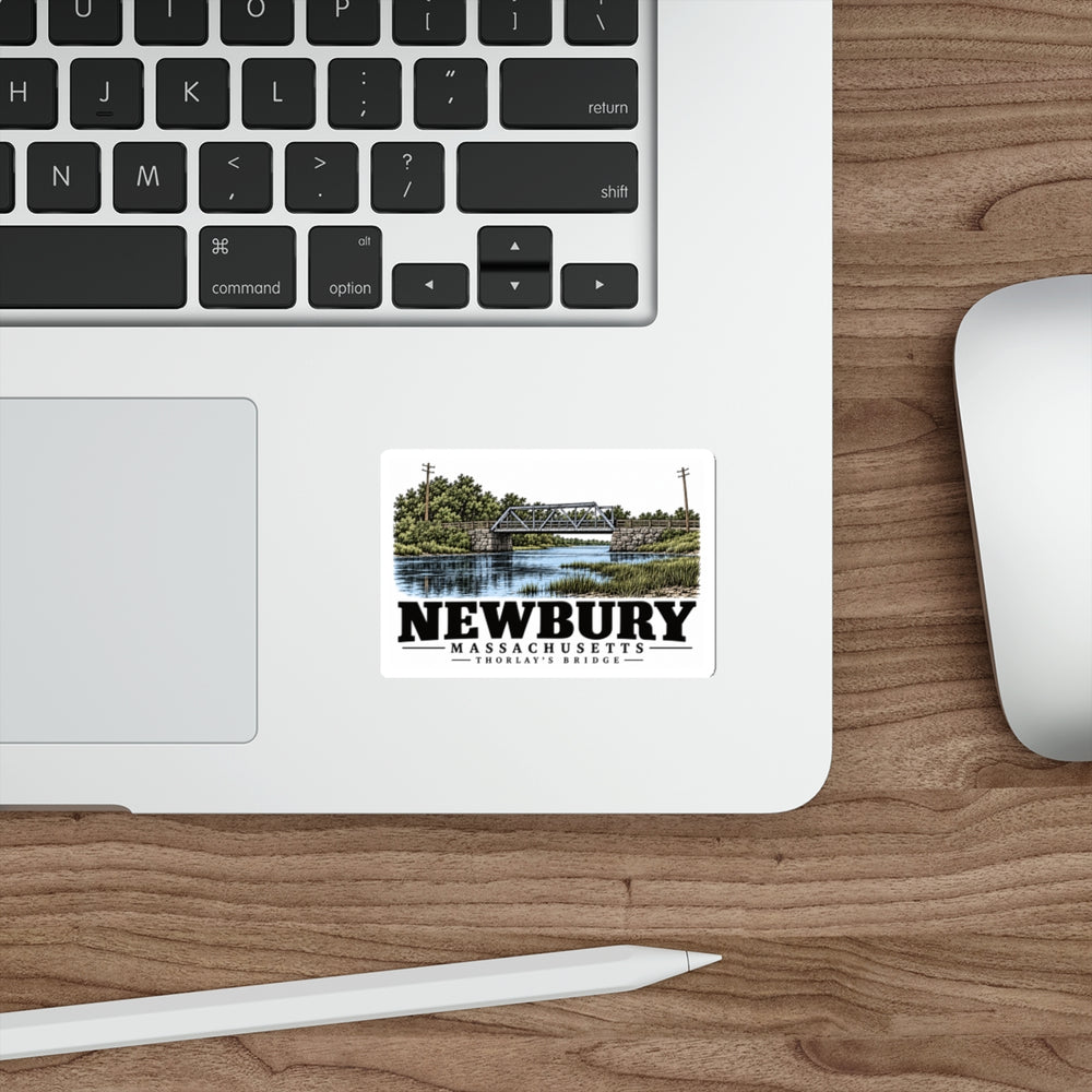 Laptop display of Thorlay’s (Thurlow) Bridge white die-cut sticker, Newbury, Massachusetts.