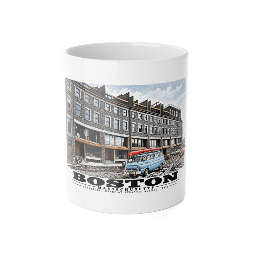 White mug showing Commercial Wharf Street buildings, blue van and renovation debris artwork and Boston lettering