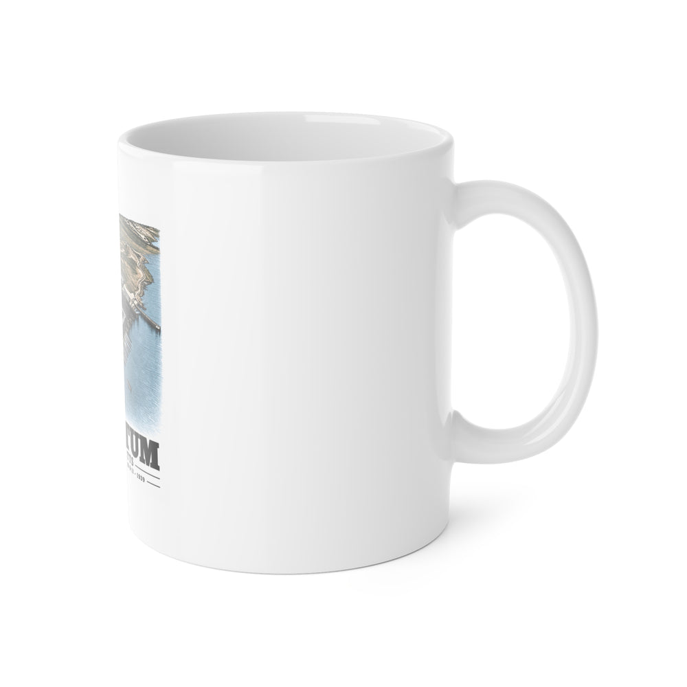 NRAB Squantum looking SWBldg # 10 & 11of former U.S. Destroyer Plant in center foreground 11 oz White Ceramic Mug - Boston Harbor