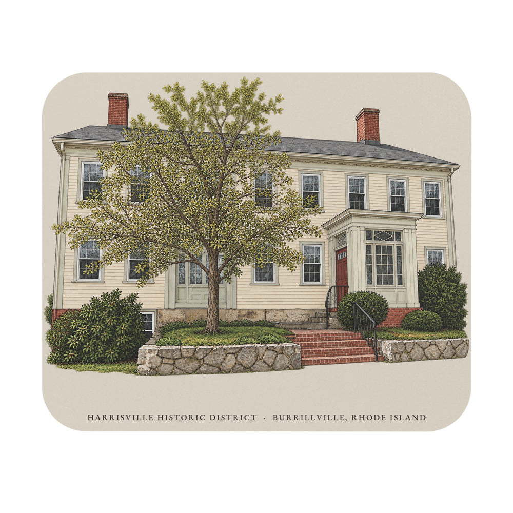 Burrillville Harrisville Historic District mouse pad mockup showing the full illustrated print