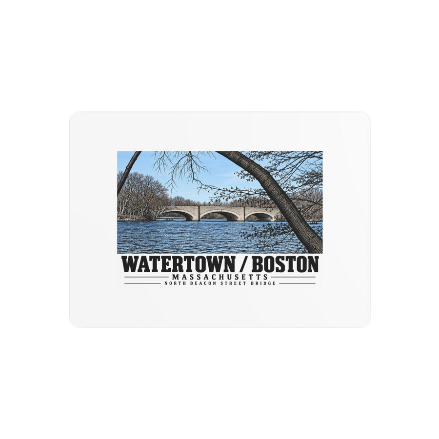 Metal wall print showing North Beacon Street Bridge stone arches framed by a bare tree artwork and Watertown/Boston lettering
