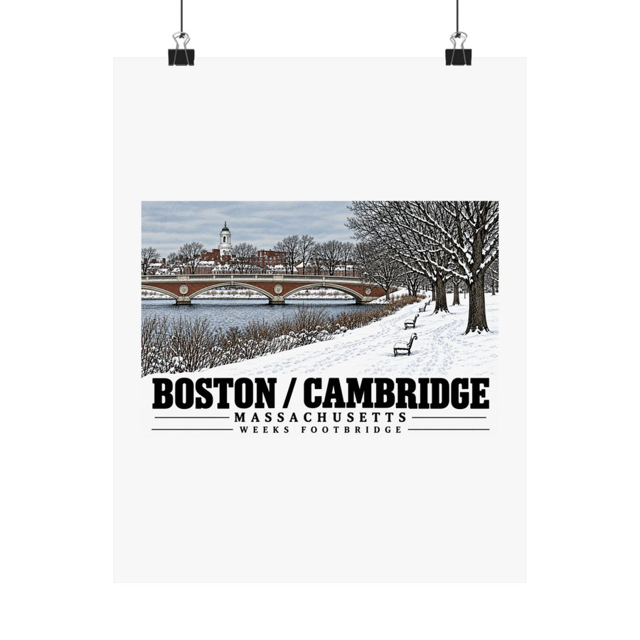 Weeks Footbridge winter riverbank view with snow and benches poster with Boston/Cambridge lettering hanging from two binder clips