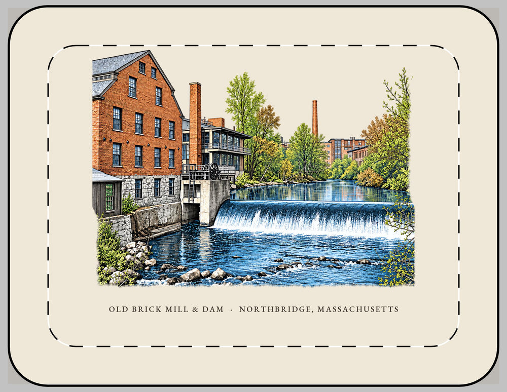 Northbridge Old Brick Mill and Mumford River Dam 13-inch laptop sleeve mockup showing the full illustrated print