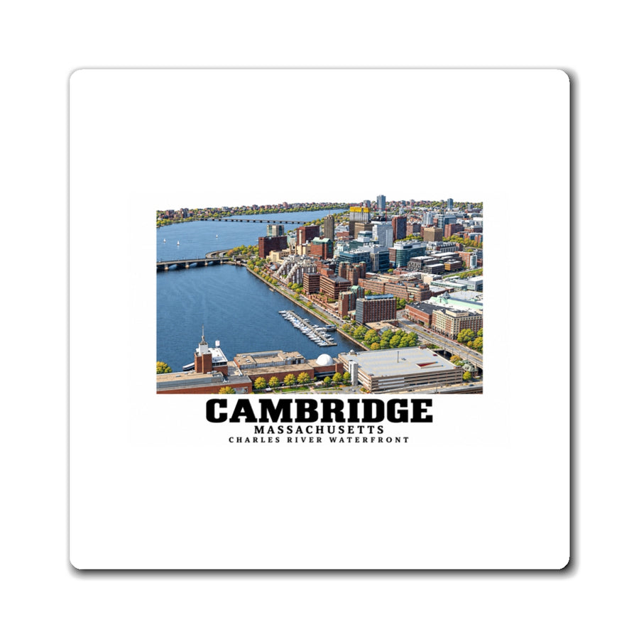 White rectangular magnet showing Cambridge Charles River waterfront aerial city view artwork and Cambridge lettering