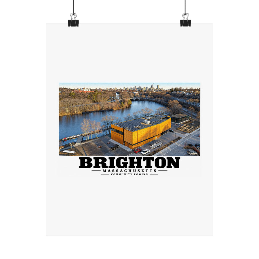 Community Rowing aerial building and river poster with Brighton lettering hanging from two binder clips