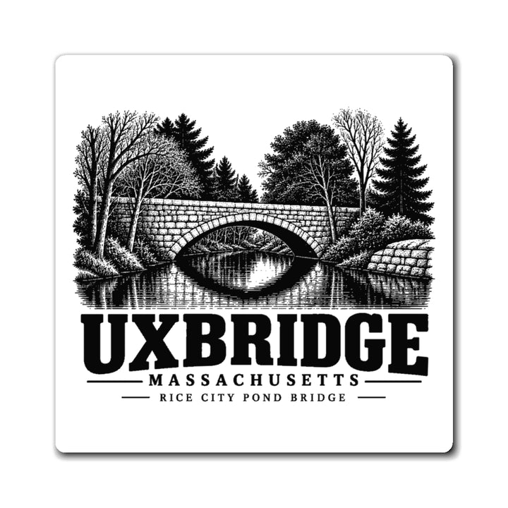 Front view of the Uxbridge Rice City Pond Bridge 4-inch square magnet with design
