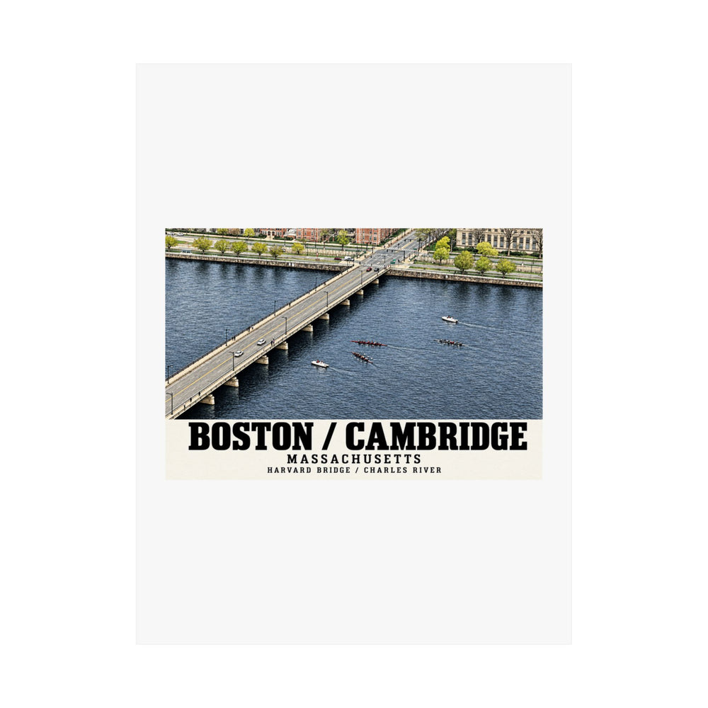 Flat Harvard Bridge aerial view with scullers on the Charles River poster with Boston/Cambridge lettering