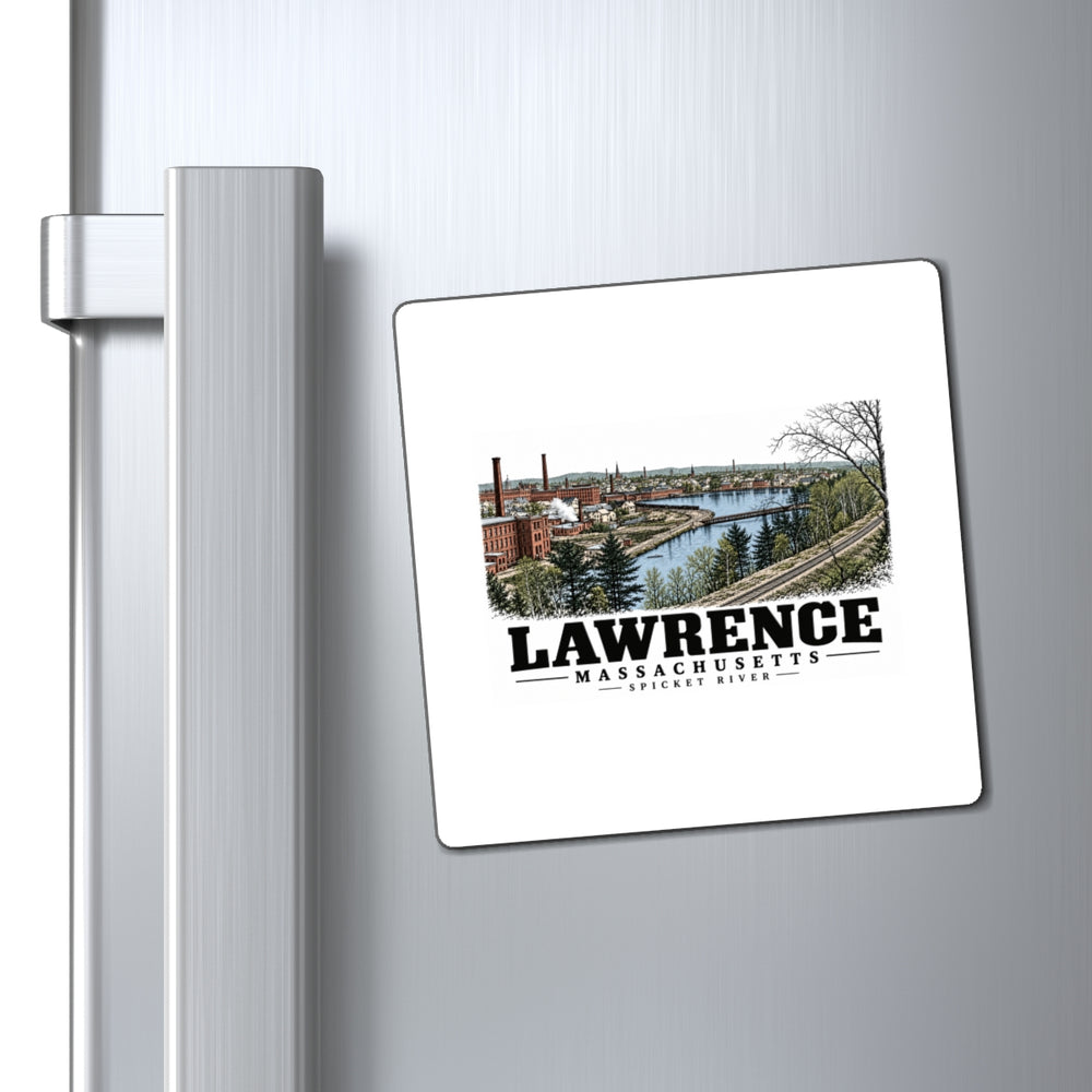 Refrigerator display of Spicket River Factories square magnet, with Lawrence, Massachusetts artwork and lettering.