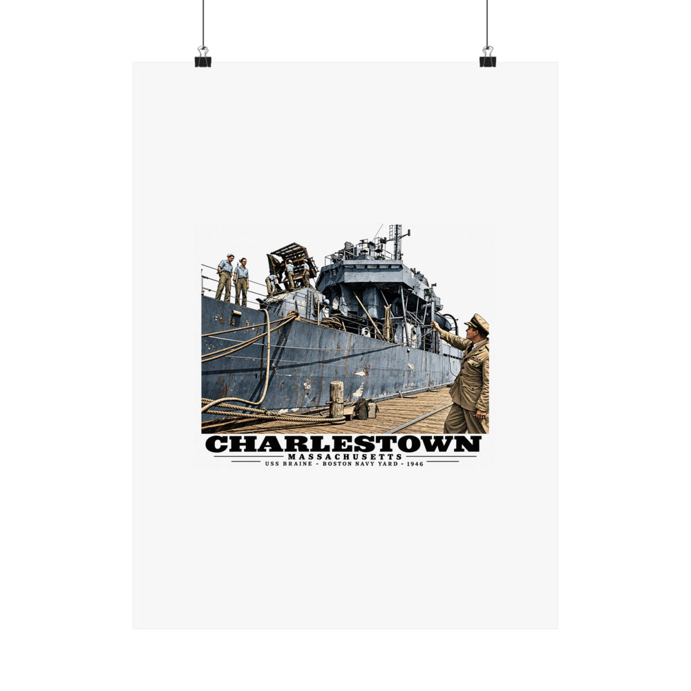 Illustrated USS Braine at Boston Navy Yard in Charlestown on unframed matte poster