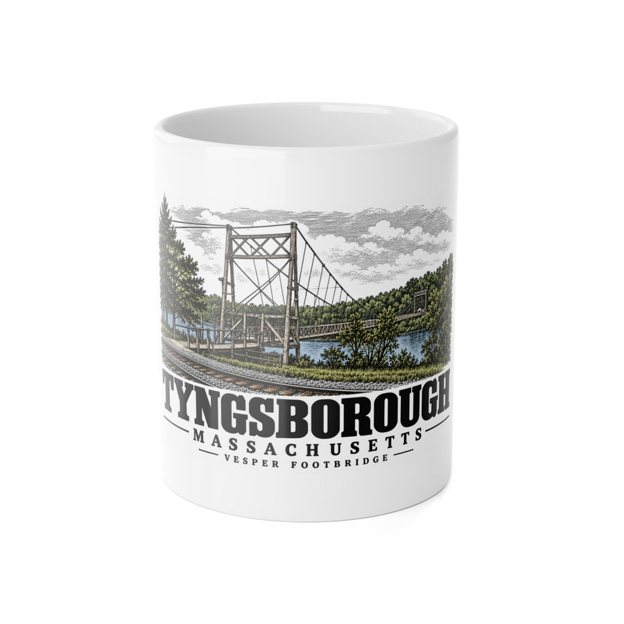 Tyngsborough Vesper suspension footbridge and railroad approach 11 oz White Ceramic Mug - Merrimack Valley Goods