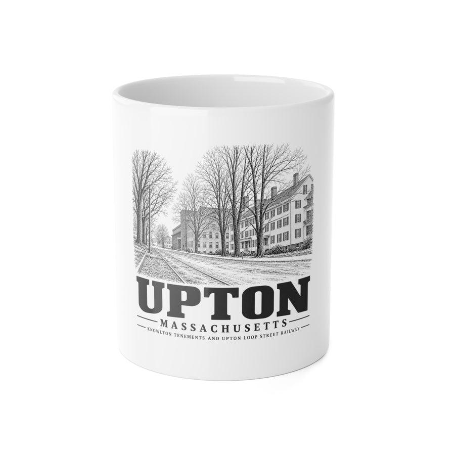 Upton Knowlton Tenements and Upton Loop Street Railway artwork on an 11 oz white ceramic mug, front view