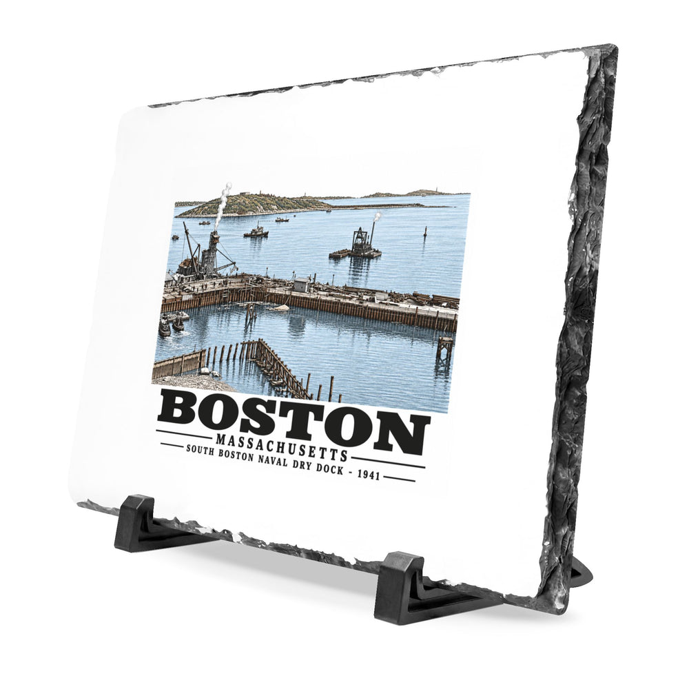 South Boston Dry Dock Area April 16-41 from roof of elevator shaft SE 7 × 11 in Slate Desk Plaque - Boston Harbor