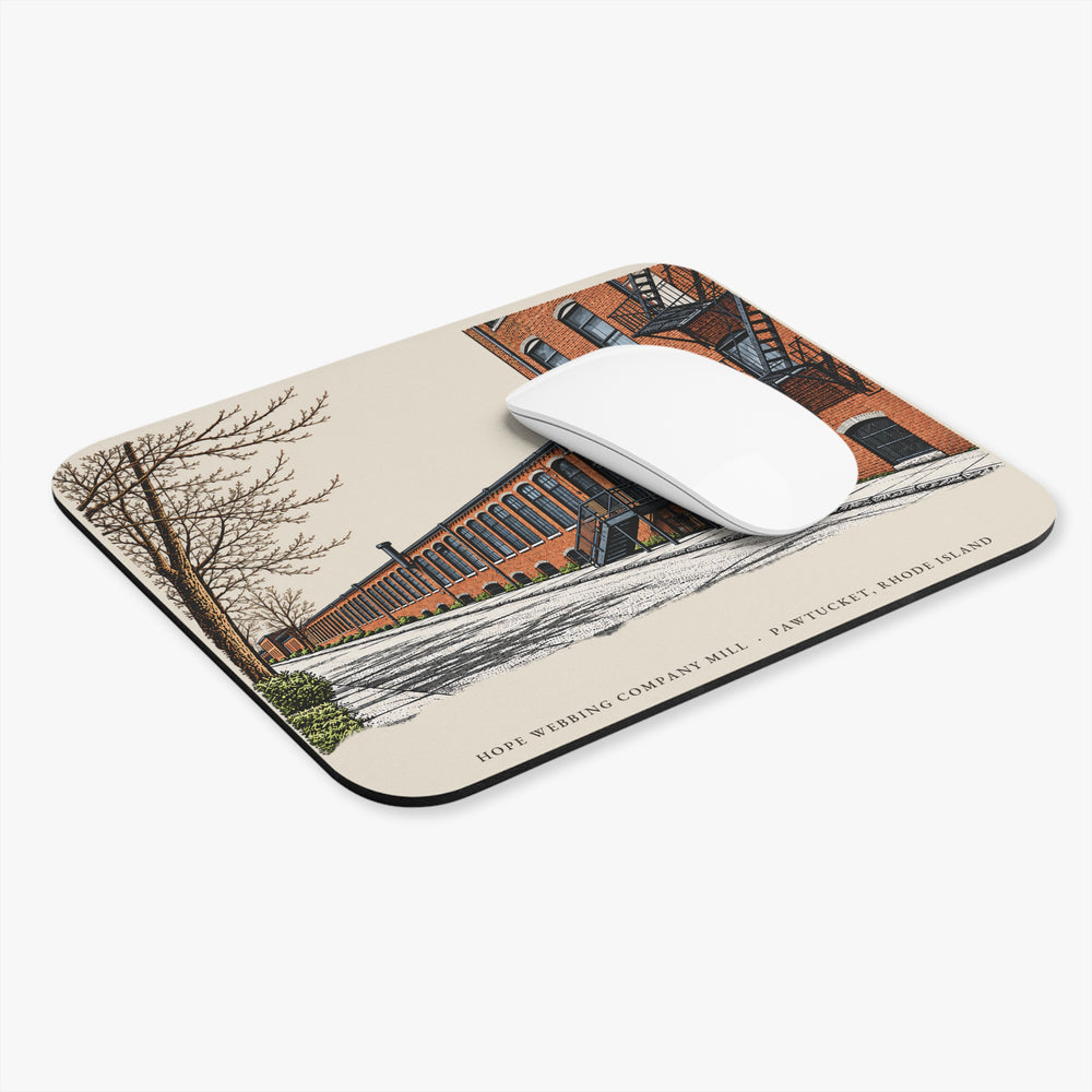 Pawtucket Hope Webbing Company Mill mouse pad mockup showing the full illustrated print