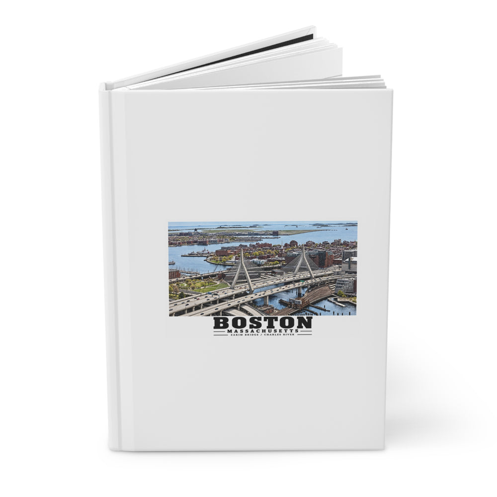 Aerial view of Boston with Zakim Bridge across Charles Matte Hardcover Journal - Charles River
