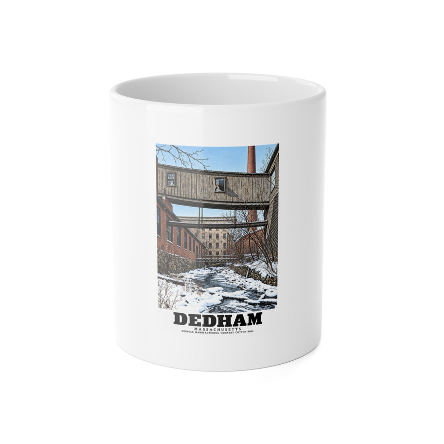 Front view of 11 oz white ceramic mug with Dedham's Norfolk Manufacturing Company Cotton Mill artwork.