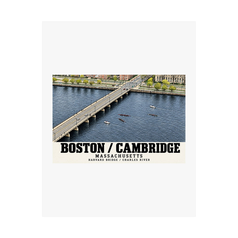 Flat Harvard Bridge aerial view with scullers on the Charles River poster with Boston/Cambridge lettering