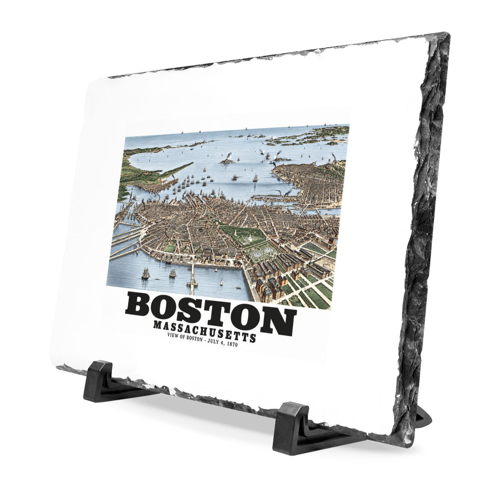 Angled rough-edged slate display on black stands showing historic Boston harbor panorama with boats and waterfront buildings artwork