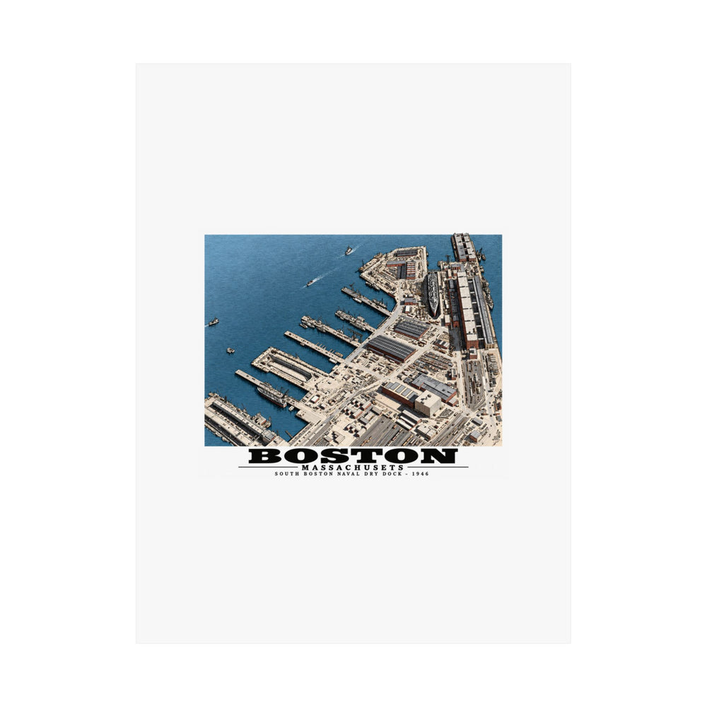 Aerial view of US Naval Dry Dock, South Boston showing development of facilities. HMS QUEEN MARY in Dry Dock #3 Matte Heritage Poster — 11 × 14 and 18 × 24 in - Boston Harbor