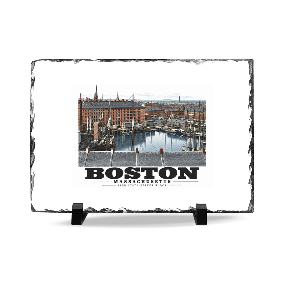 Rough-edged slate display on two black stands with Boston waterfront buildings, wharves, boats and harbor water artwork and Boston lettering