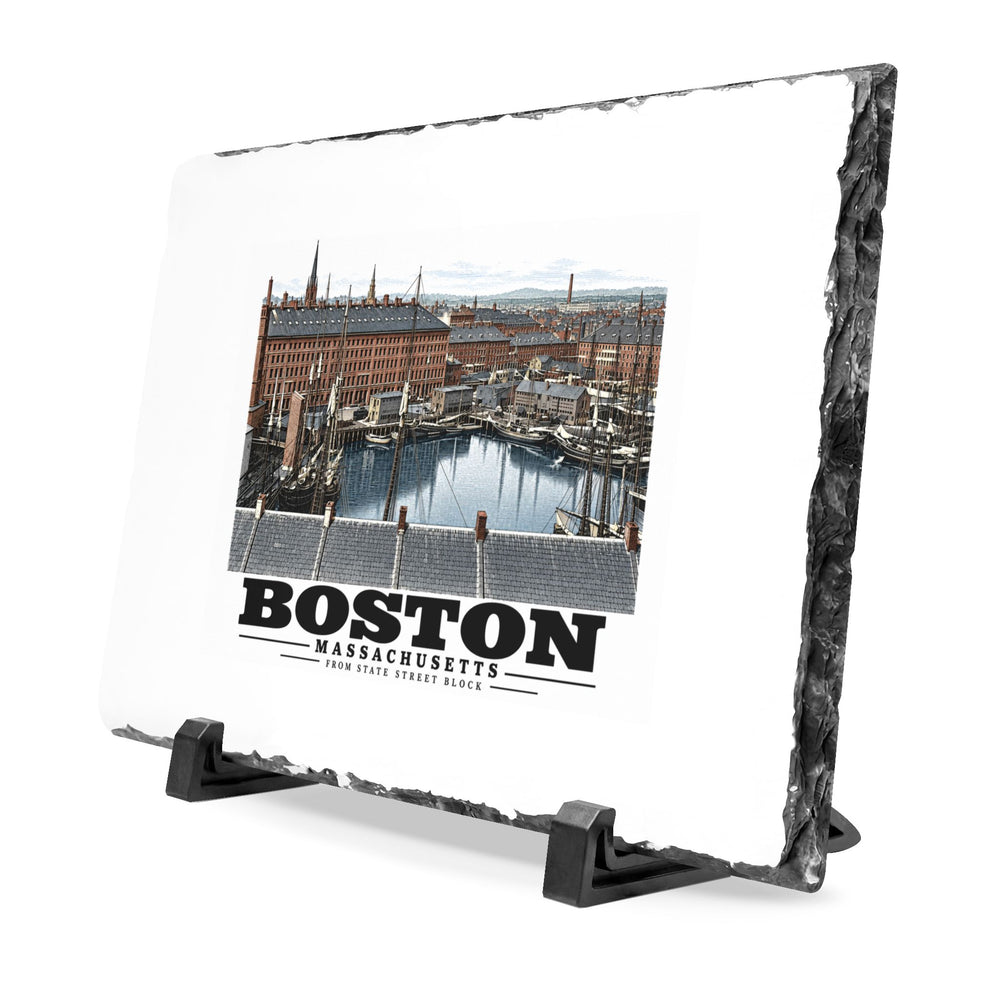 Angled rough-edged slate display on black stands showing Boston waterfront buildings, wharves, boats and harbor water artwork