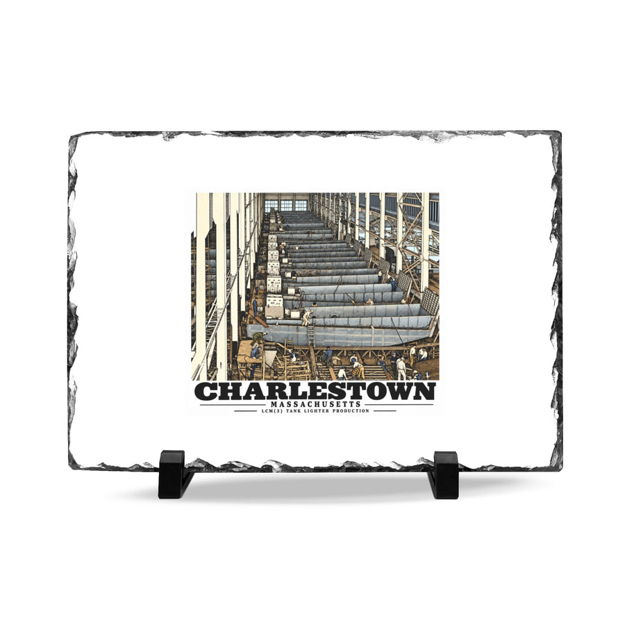 Front of 11 x 7 inch slate plaque with landing-craft production line artwork and Charlestown lettering