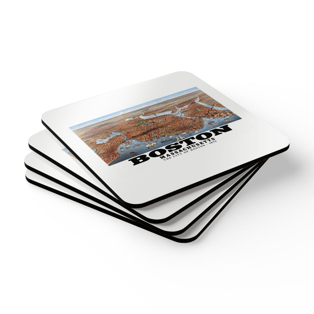 Stack of square coasters with historic Boston city and waterways bird-eye panorama artwork visible on the top coaster