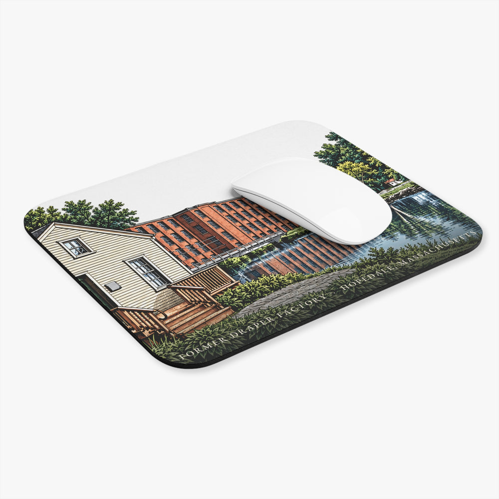 Hopedale Former Draper Factory mouse pad shown on a desk with a mouse