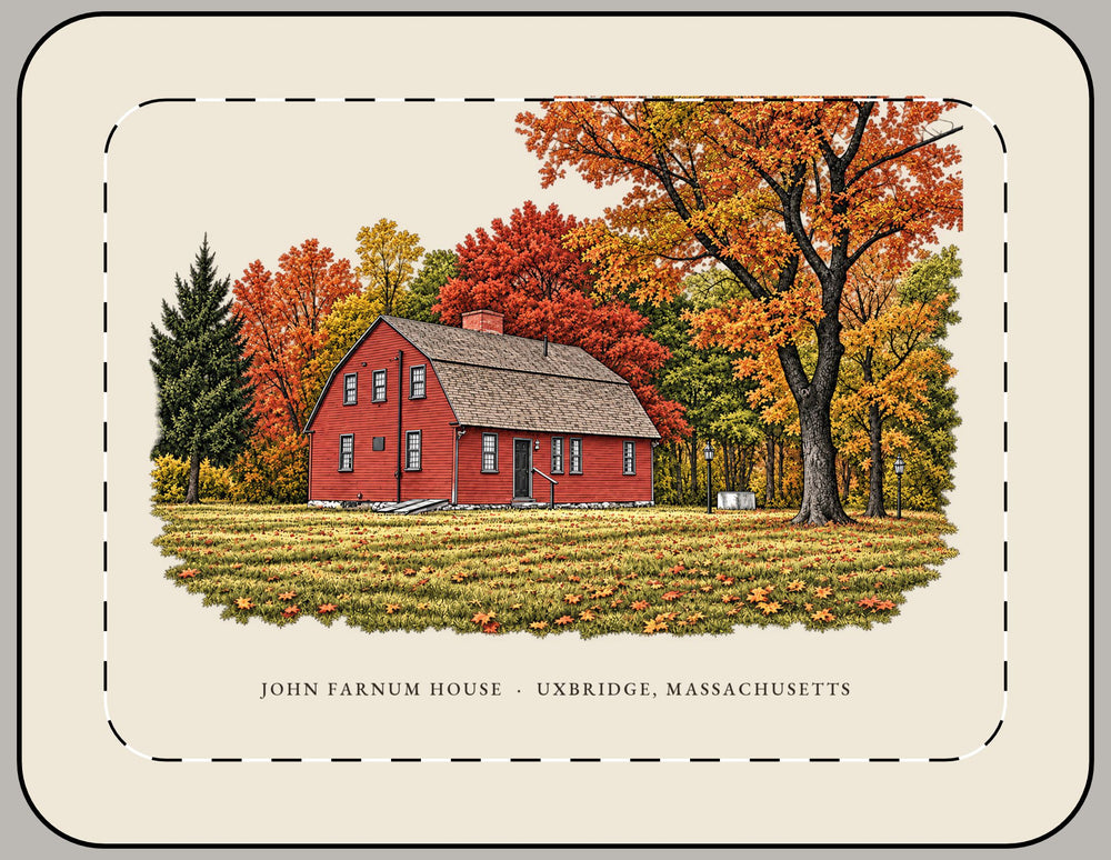Uxbridge John Farnum House 15-inch laptop sleeve mockup showing the full illustrated print