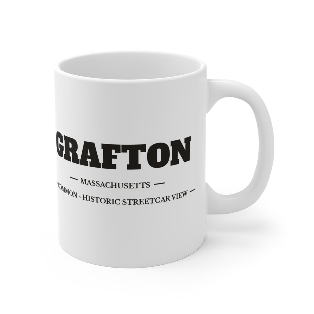 Grafton Common - Historic Streetcar View 11 oz ceramic mug — lettering view, handle right — Familiar History