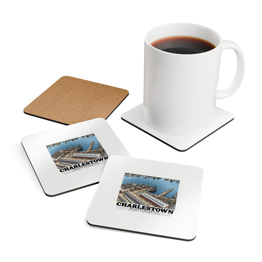 Illustrated Dry Dock 5 and Constitution Pier in Charlestown on corkwood coaster set
