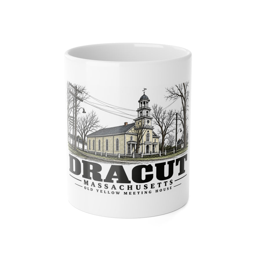 Front of Old Yellow Meeting House white ceramic mug, Dracut, Massachusetts.