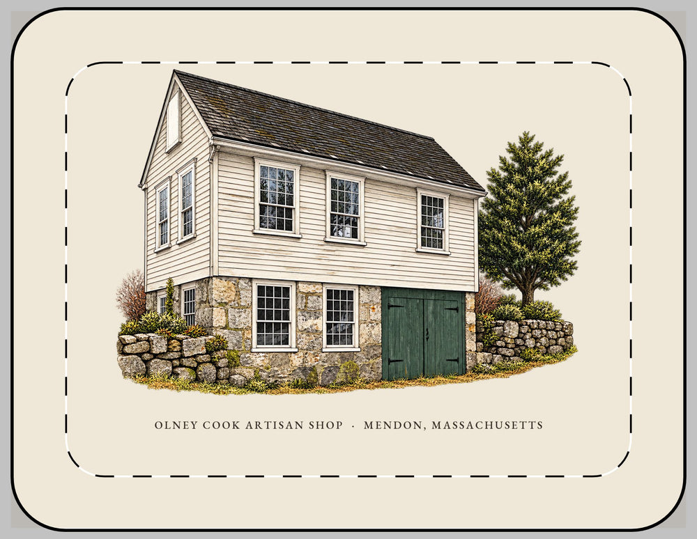 Mendon Olney Cook Artisan Shop 13-inch laptop sleeve mockup showing the full illustrated print