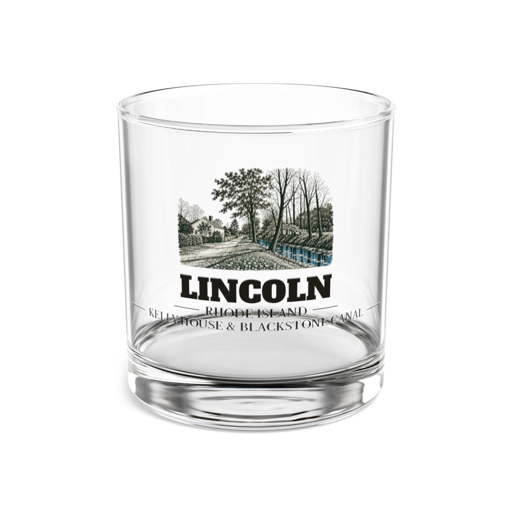 Front view of the Lincoln Old Ashton Kelly House and Blackstone Canal artwork printed on a clear 10 oz rocks glass